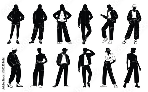 Collection of diverse people in casual streetwear poses black silhouettes on white background various fashion styles and attitudes