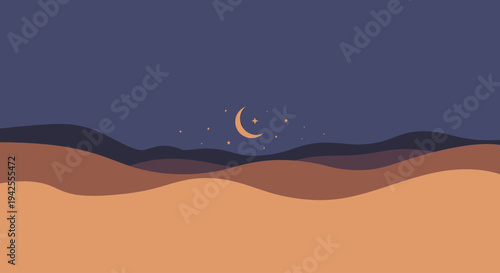 Serene desert landscape under a starry night sky with crescent moon.