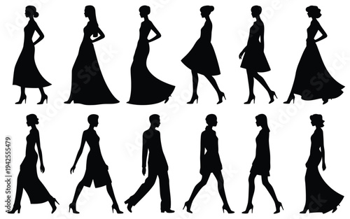 Collection of black silhouettes of men and women in various poses and dresses walking on white background