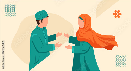 A beautifully illustrated flat design depicting a Muslim couple in traditional attire, celebrating Eid al-Fitr or Ramadan with cultural elegance.