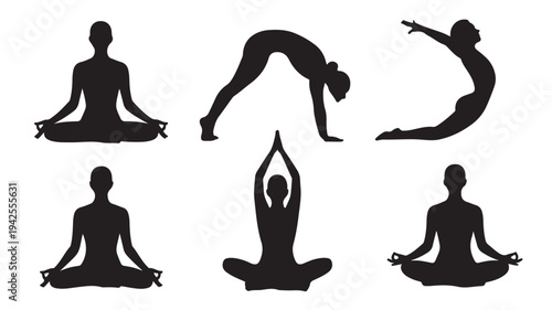 Yoga Silhouettes in Various Poses with Simple Design in Black on White Background for Wellness and Fitness