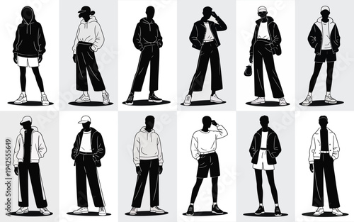 Collection of diverse people in various casual outfits and poses black and white silhouettes on gray background