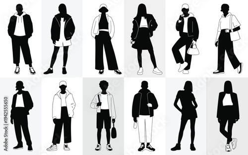 Collection of diverse people silhouettes in various poses and outfits on white background
