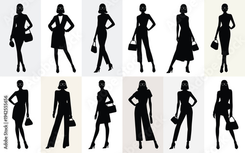 Collection of black silhouettes of fashionable women in various poses and outfits with handbags on white background