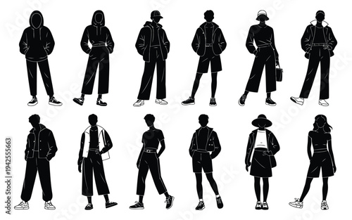Collection of diverse people in casual streetwear poses and outfits on white background
