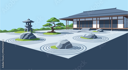 Serene Japanese rock garden with meticulously raked gravel, large stones, a bonsai tree, and a traditional house under a clear sky, embodying peaceful contemplation and minimalist design.