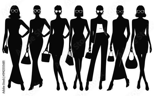 Seven stylish women in fashionable outfits and sunglasses walking in a line with handbags