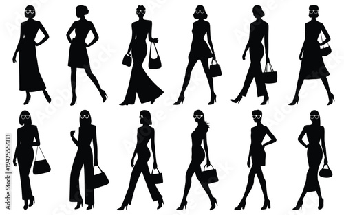 Silhouettes of women walking with handbags in various poses and outfits on white background
