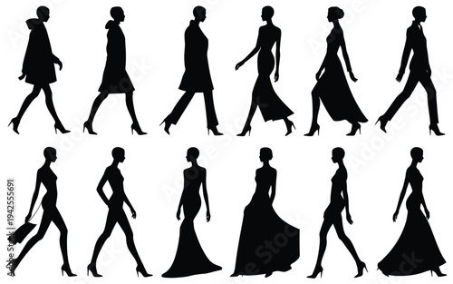 Silhouettes of women walking in various poses and outfits on white background for fashion design