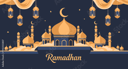 Ramadan mosque scene with lanterns.