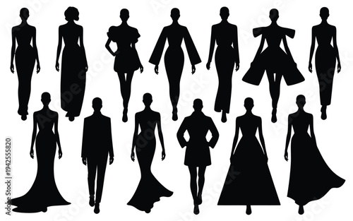 Collection of elegant black silhouettes of men and women in formal wear walking on white background for fashion design