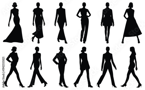Collection of female silhouettes in various poses and outfits on white background for design and fashion use