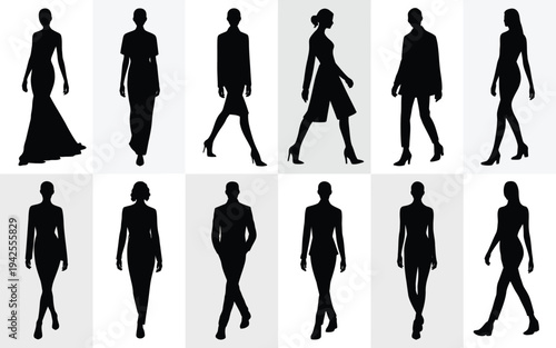 Collection of walking people silhouettes in various poses and outfits on white background for design