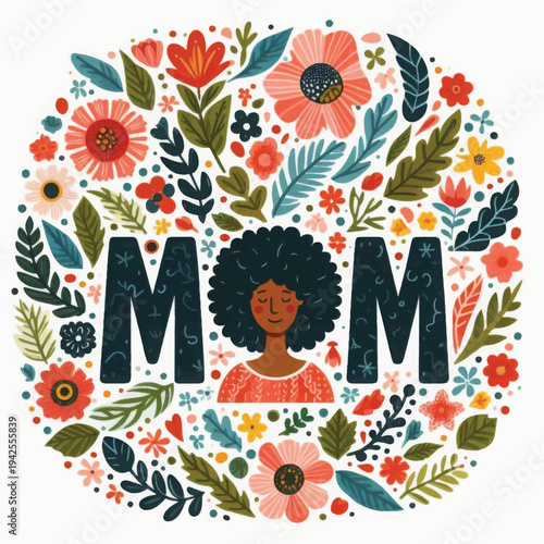 Diverse Mother's Day Floral Art: Decorative Boho Illustration with Black Woman and MOM Typography in Botanical Circle