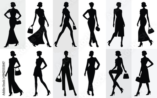 Collection of elegant women silhouettes in various poses and dresses with handbags