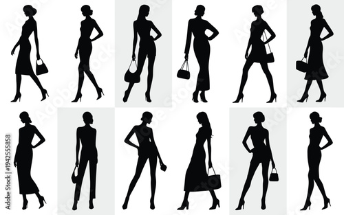 Collection of elegant women silhouettes in various poses with handbags and high heels on white background