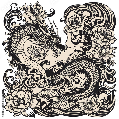Tableau sur toile Intricate dragon illustration with flowers and waves in detailed black and white line art