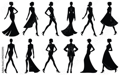 Collection of elegant black silhouettes of women in various poses and dresses on white background for design use