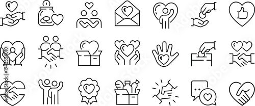  Line signs volunteering and giving, support donation or friendly handshak