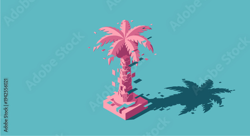 Vibrant pink palm tree rendered in a striking isometric pixel art style, casting a sharp shadow on a teal background, evoking a retro digital aesthetic.
