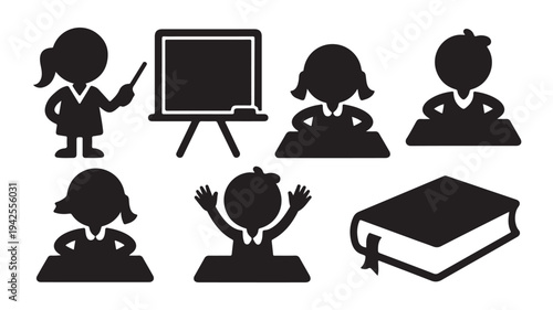 Teacher and students in classroom with blackboard and book in simple flat design with black silhouettes on white background for education