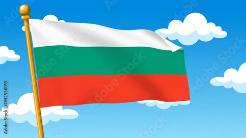 A national flag with horizontal stripes waves proudly against a blue sky