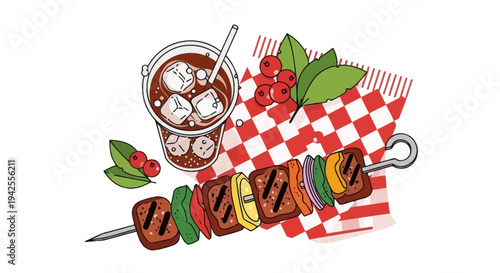 Delicious kebabs and iced coffee on checkered tablecloth