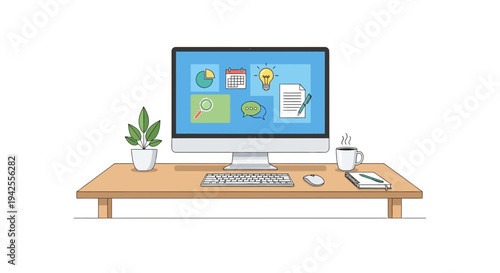 Workspace with Computer and Office Supplies