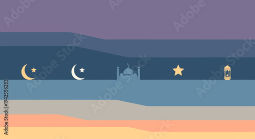 A serene desert landscape at dusk with crescent moon and stars shining brightly.