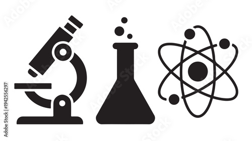 Science icons in simple flat design with black color on white background for scientific education