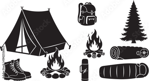 Camping icons and symbols for outdoor adventure travel