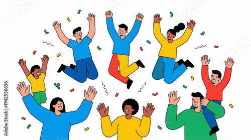 Group of diverse people jumping with joy and confetti.