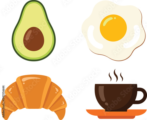 Breakfast Food Icon Set with Avocado Fried Egg Croissant and Coffee Cup Vector Illustration