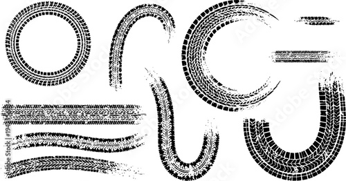 Tire tracks after skidding, launch, drift, powerslide in motorsport, rally, off-road, motocross. Wheel texture with splash effect. Vector, transparent EPS version.