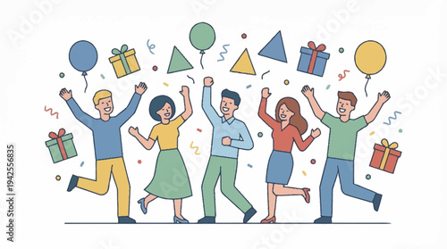 Group of people celebrating with balloons and gifts.