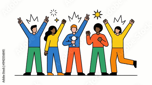 Diverse group of people celebrating together with raised arms.