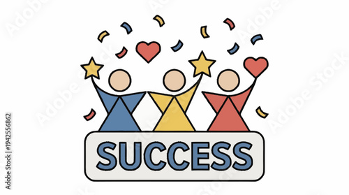 Three people celebrating success with confetti and stars.