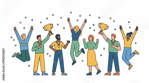 Diverse group of people celebrating with confetti and awards.