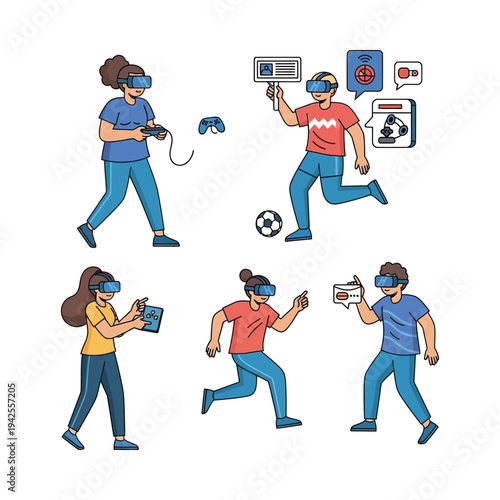 Group of diverse people playing soccer in virtual reality with VR headsets and motion controllers