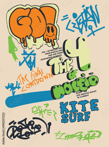 Hand drawn graffiti street art poster. Y2K kite surf bubble letters and tags background. Trendy urban youth apparel graphic design.
