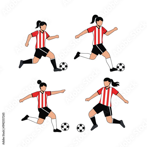 Female soccer player kicking ball flat vector illustration, dynamic sports action, red white striped jersey, black shorts