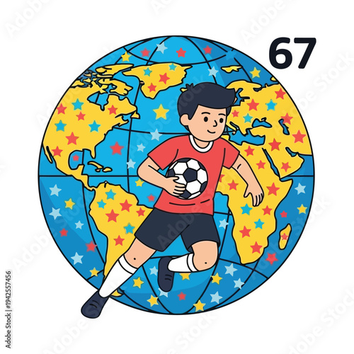 Young soccer player kicking ball on colorful world map with number 67 illustration