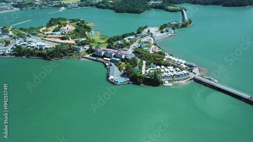 Aerial View of Bito Island in Sacheon with Emerald Sea, South korea
