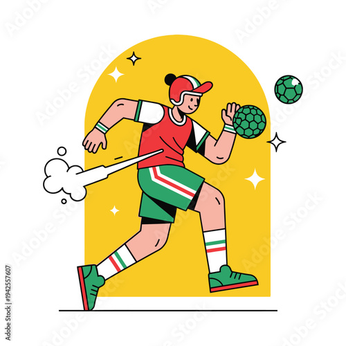 Female rugby player kicking ball in dynamic cartoon illustration with bright yellow background
