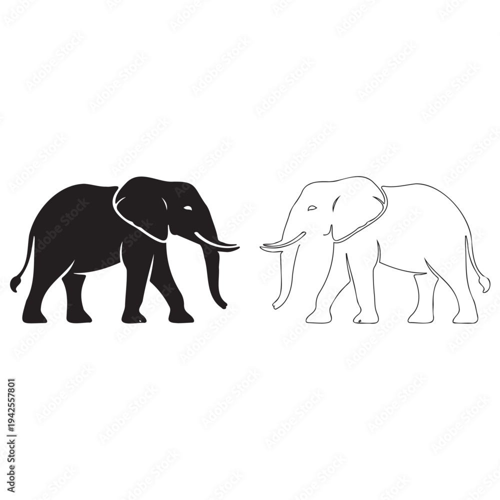 Fototapeta premium Elephant silhouette and outline vector illustration set on white background.