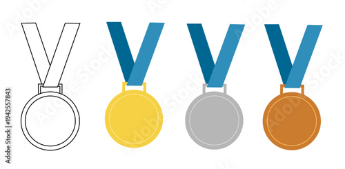 Vector illustration of award medals with ribbons and a large outline medal for sport competition success and achievement icons. Medal icon set