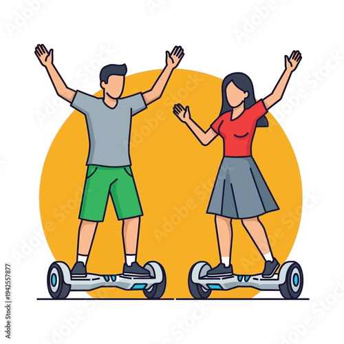 Happy couple riding hoverboards together in sunny outdoor fun lifestyle concept