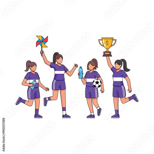 Girls soccer team celebrating victory with trophy, kite, water bottle and ball in purple uniforms