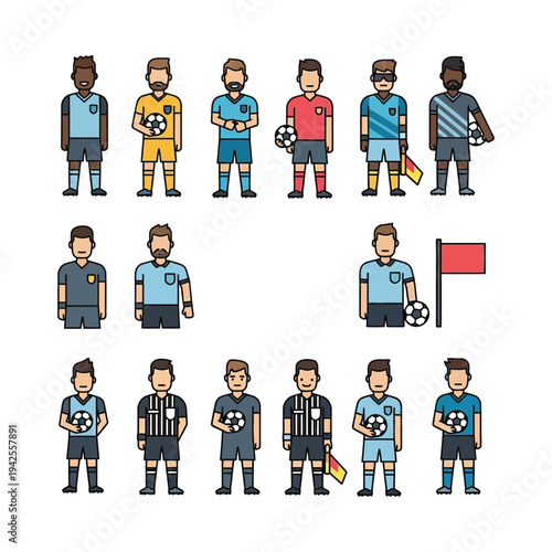 Diverse soccer players team lineup flat vector illustration, multiethnic athletes in uniforms, sports training and competition concept