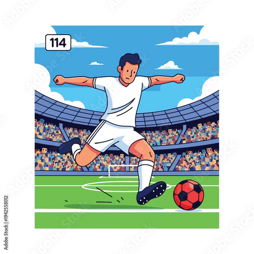 Soccer player kicking ball in stadium with crowd, dynamic sports action illustration, vibrant colors